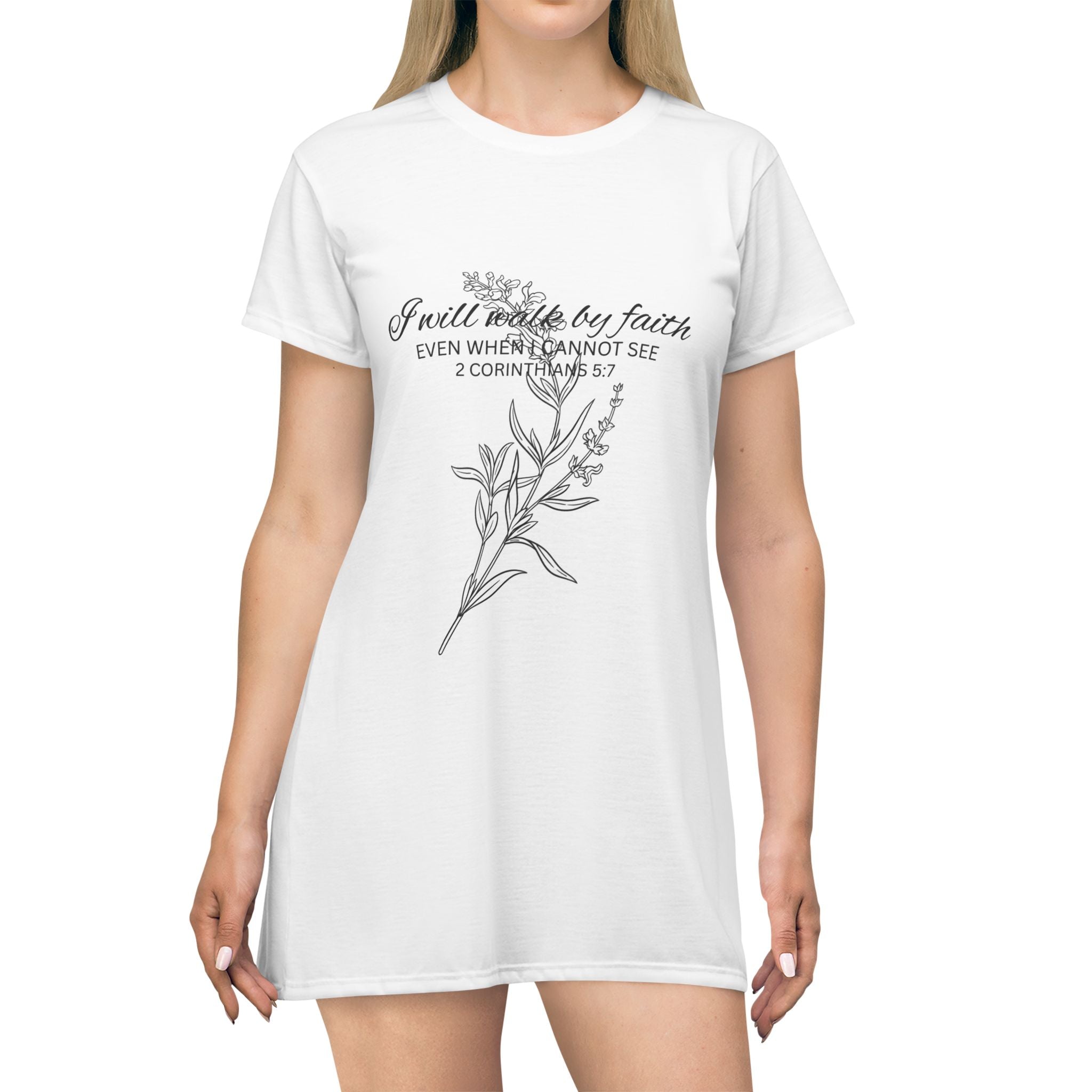 Faith-Inspired T-Shirt Dress — “Faith Makes It Real” Floral Scripture Design