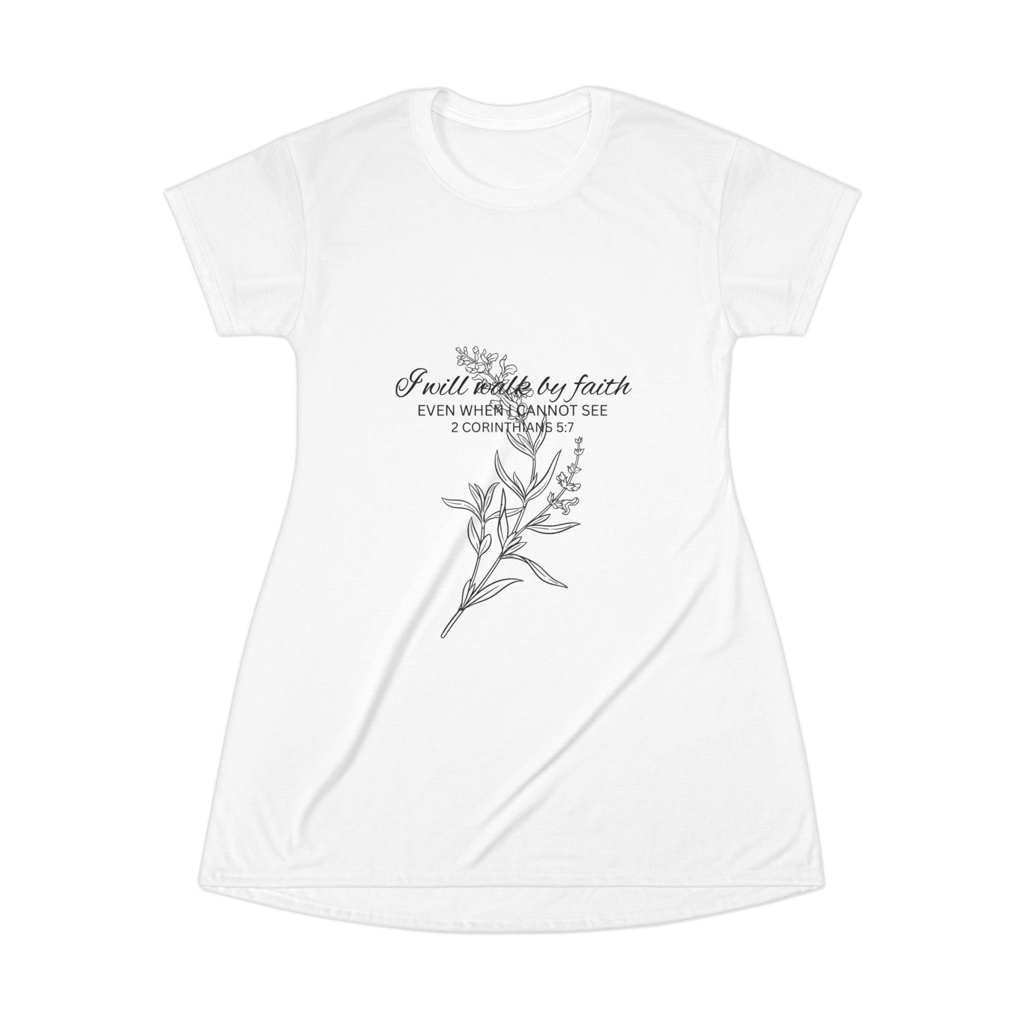Faith-Inspired T-Shirt Dress — “Faith Makes It Real” Floral Scripture Design